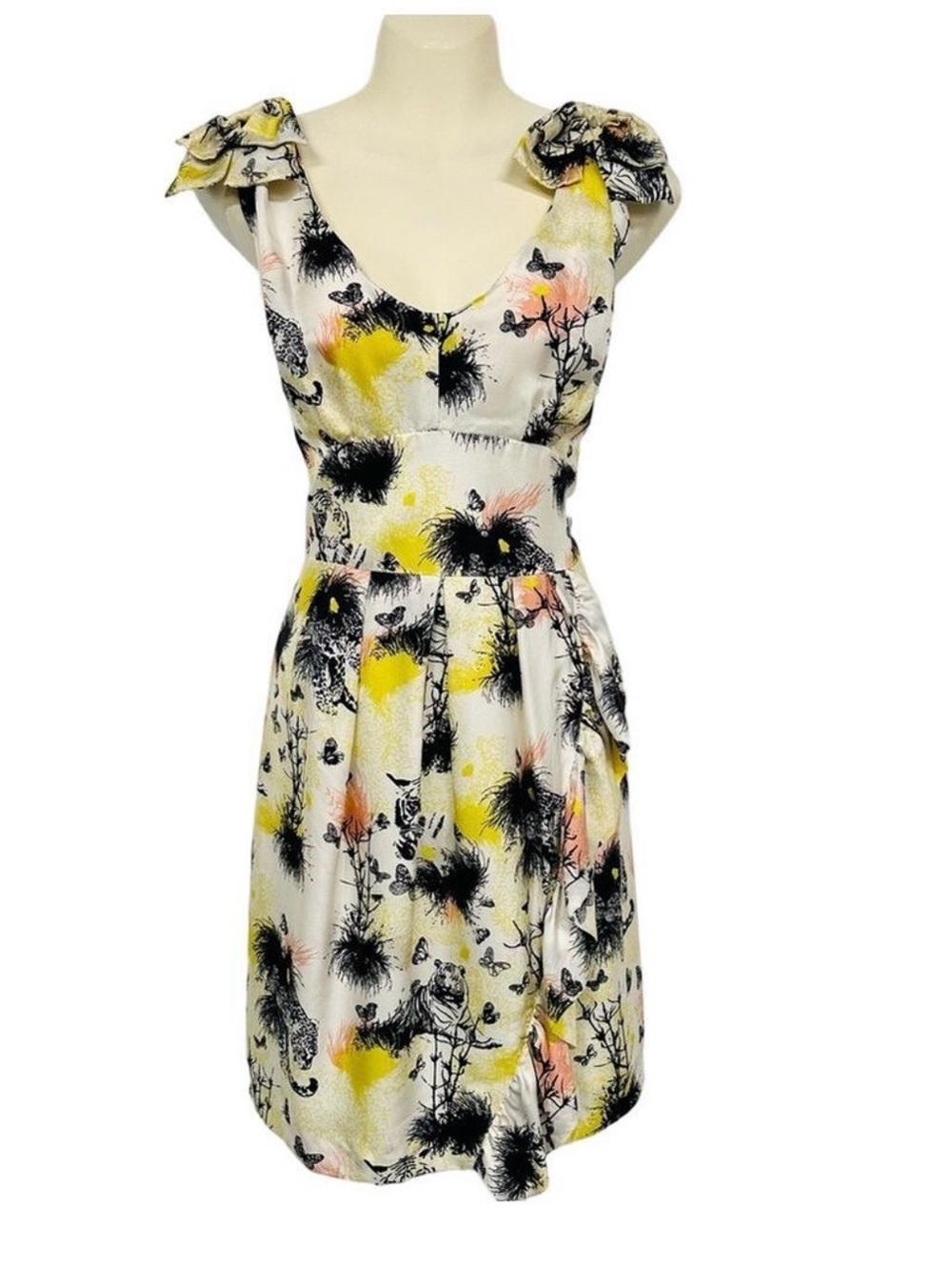 Sandra Angelozzi silk dress Size 12 tiger butterfly ruffle Retro Inspired